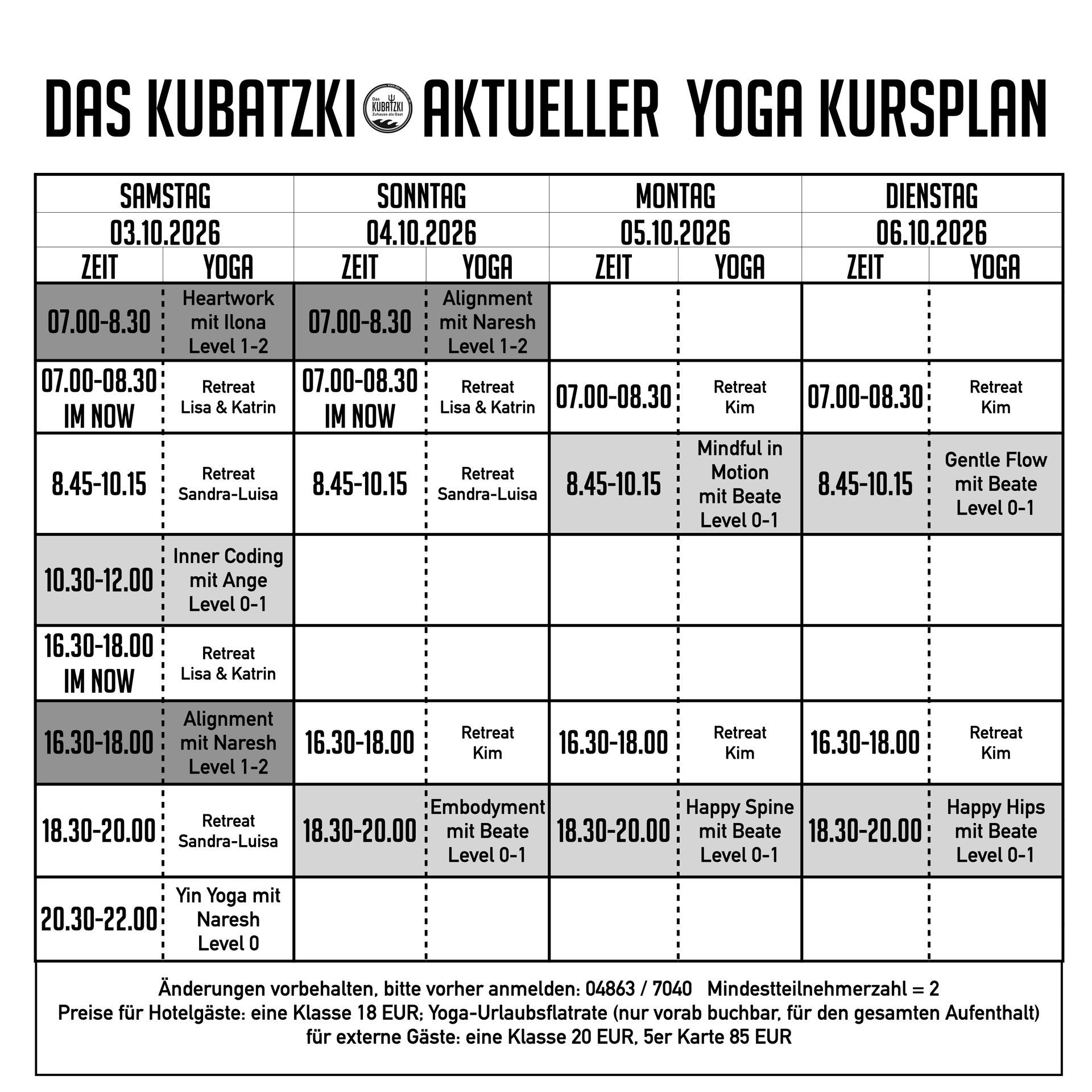 Aktueller Yoga Kursplan