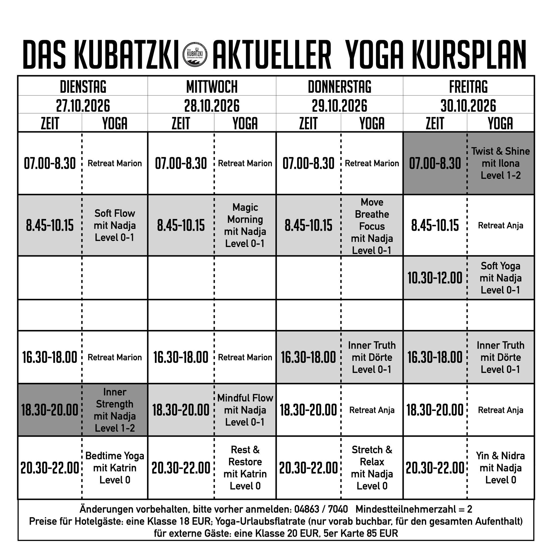 Aktueller Yoga Kursplan