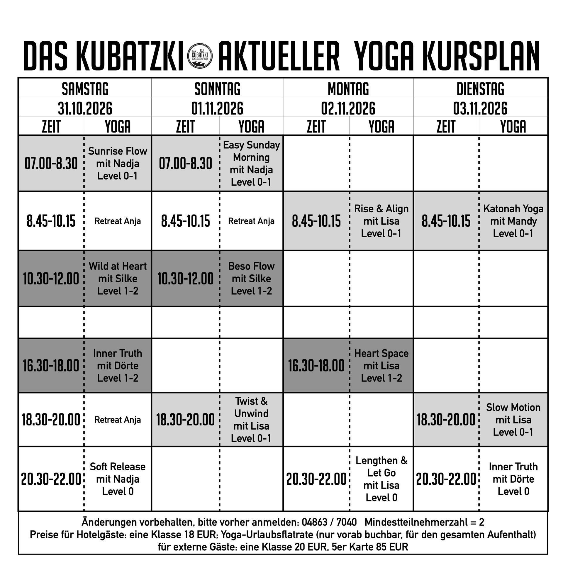 Aktueller Yoga Kursplan