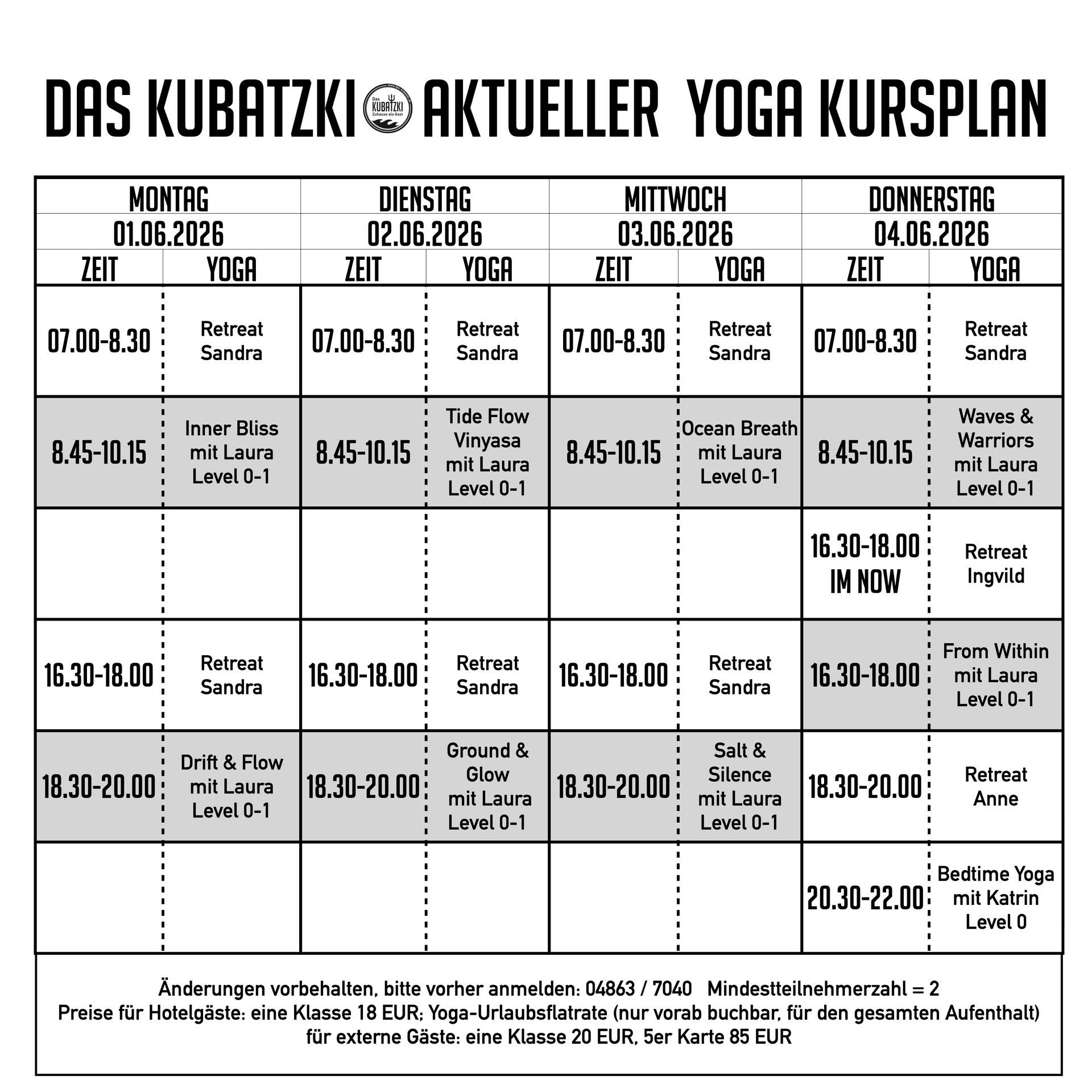 Yoga-Kursplan mit Angabe von Zeiten, Tagen und Kursleitern.