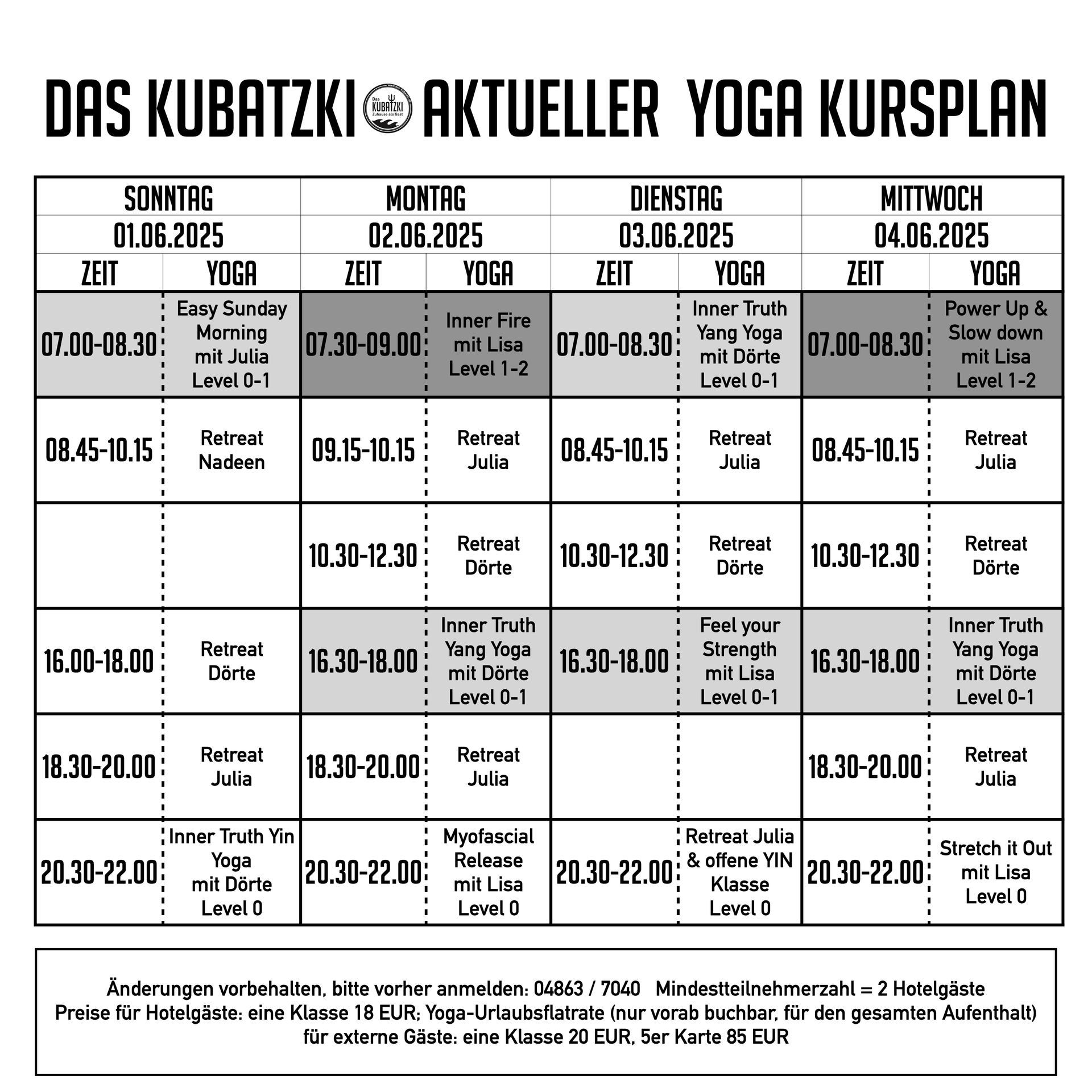 A black and white schedule for das kubatzki aktueller yoga kursplan