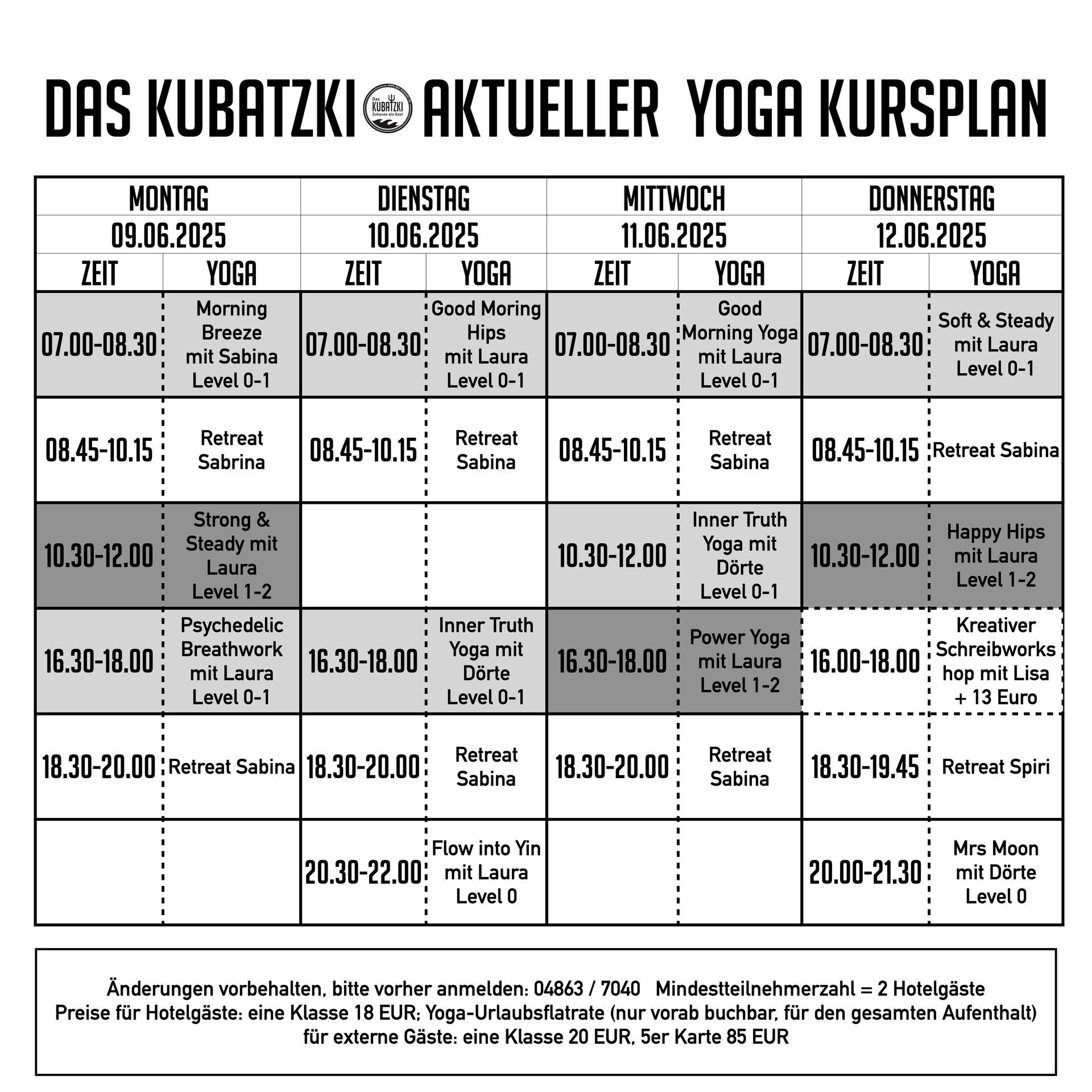 A black and white schedule for das kubatzki aktueller yoga kursplan