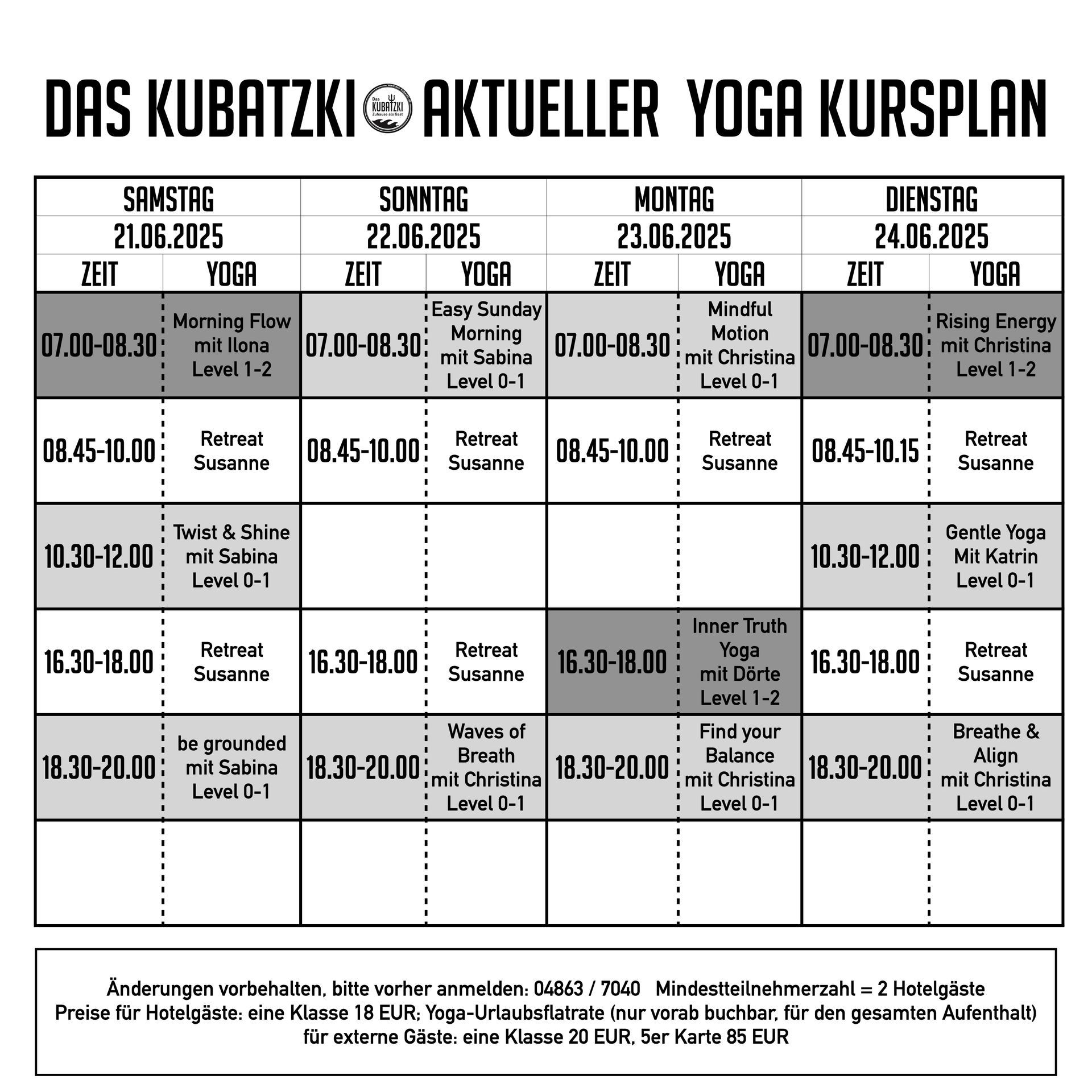 A black and white schedule for das kubatzki aktueller yoga kursplan