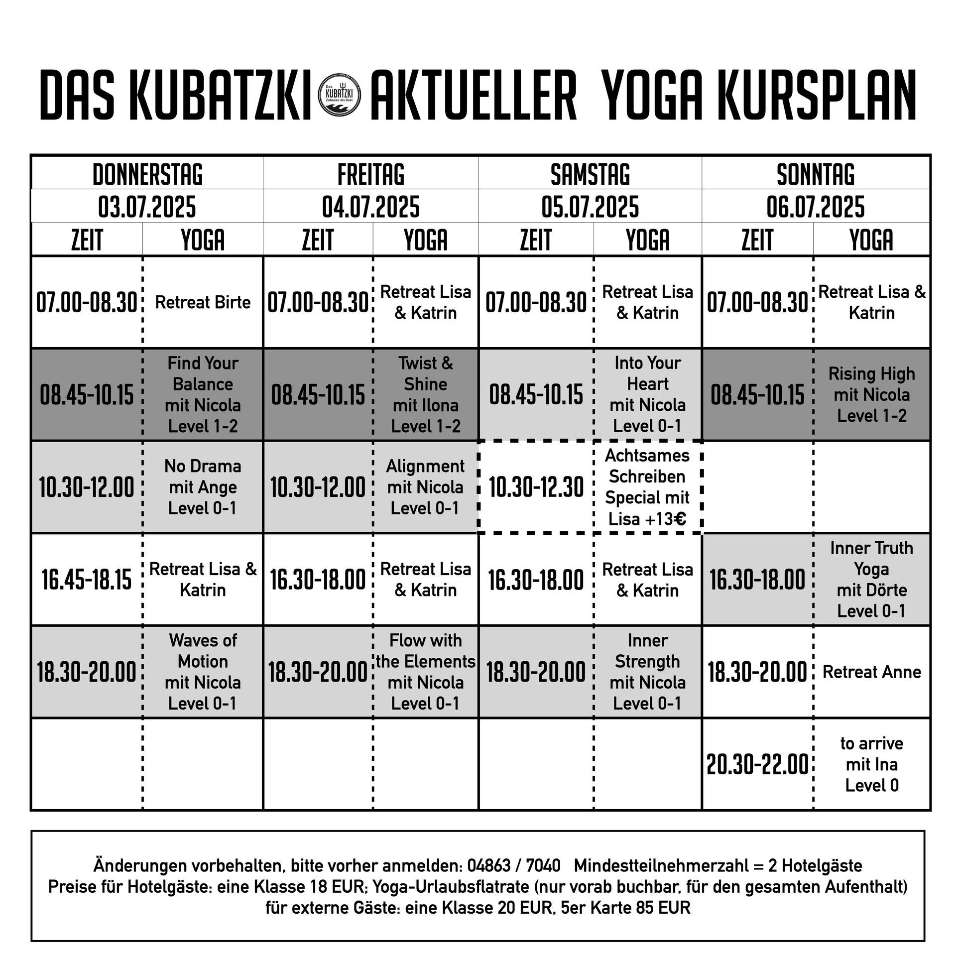 A black and white schedule for das kubatzki aktueller yoga kursplan