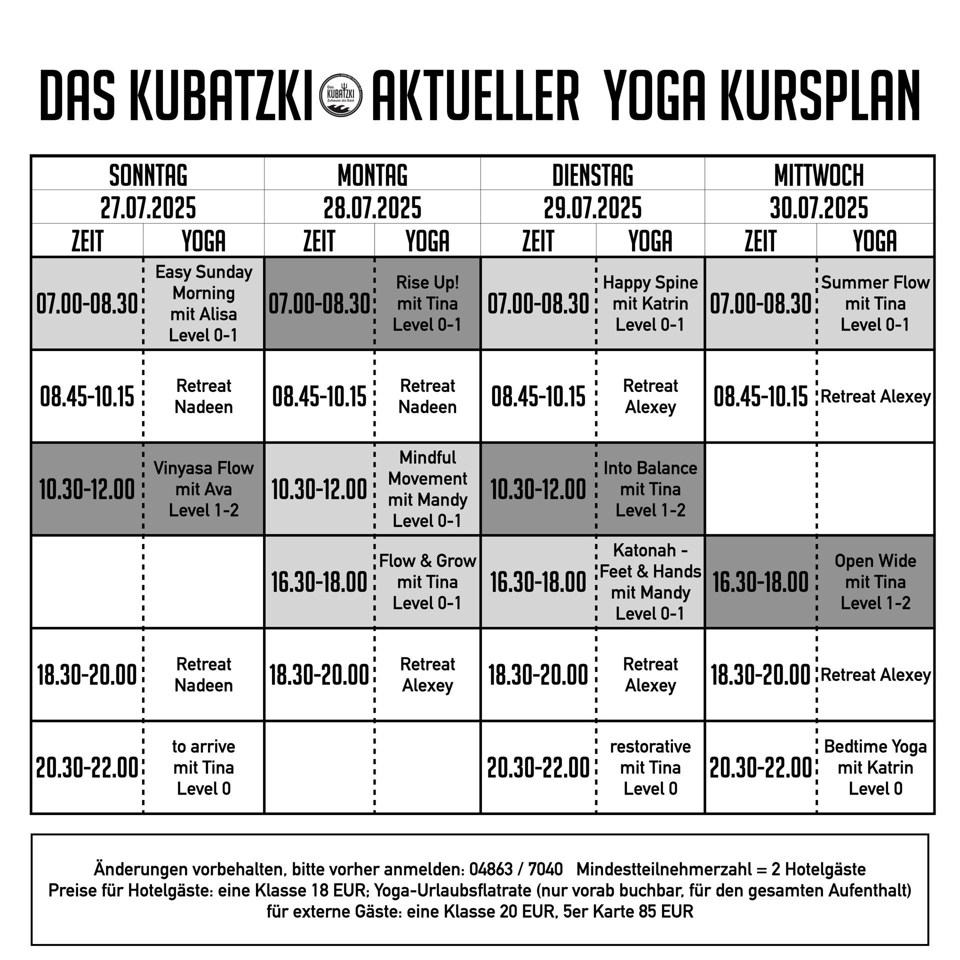A black and white schedule for das kubatzki aktueller yoga kursplan