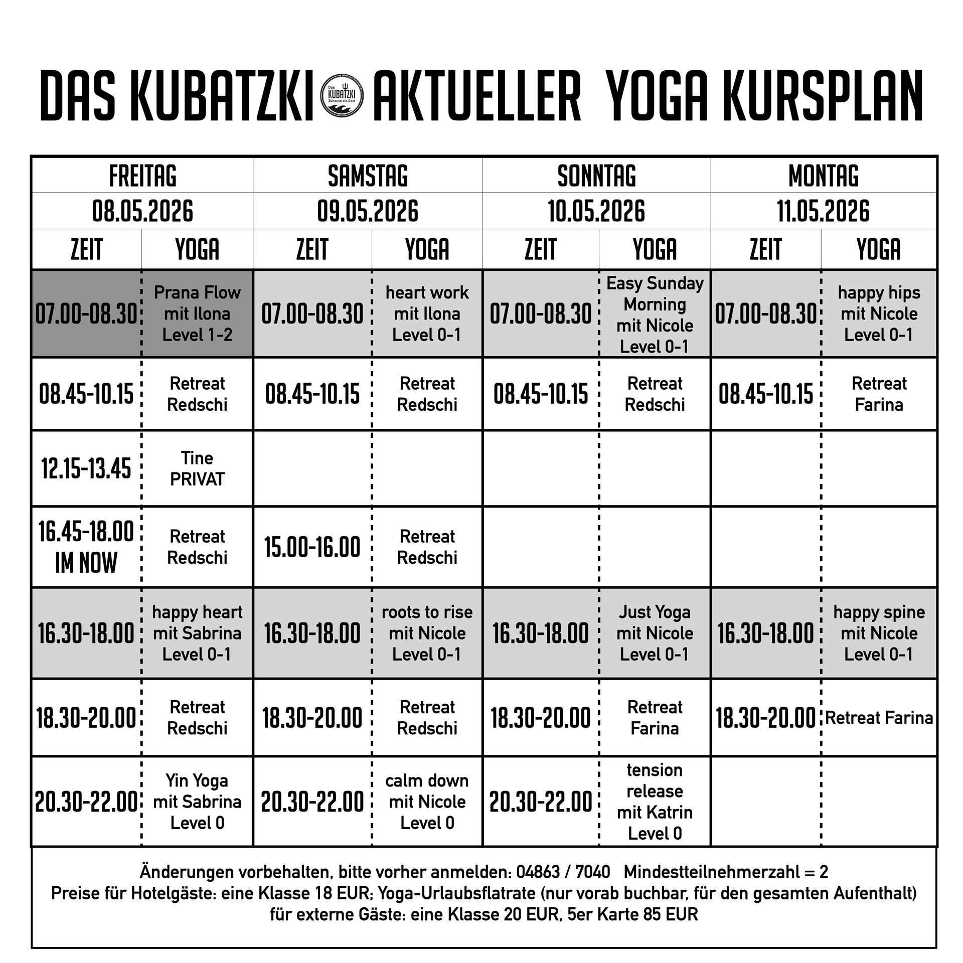 Yoga-Kursplan mit Angabe von Zeiten, Tagen und Arten der Yoga-Kurse.