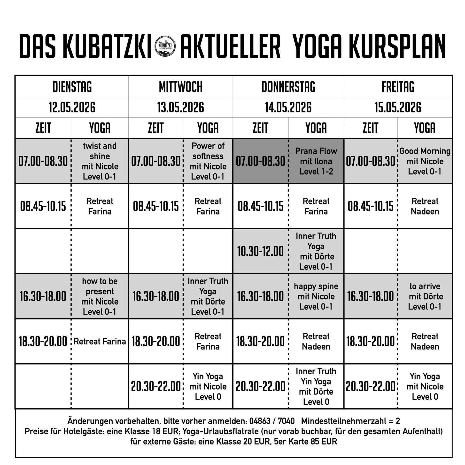 Yoga-Kursplan mit Angabe von Zeiten, Tagen und Kursleitern.