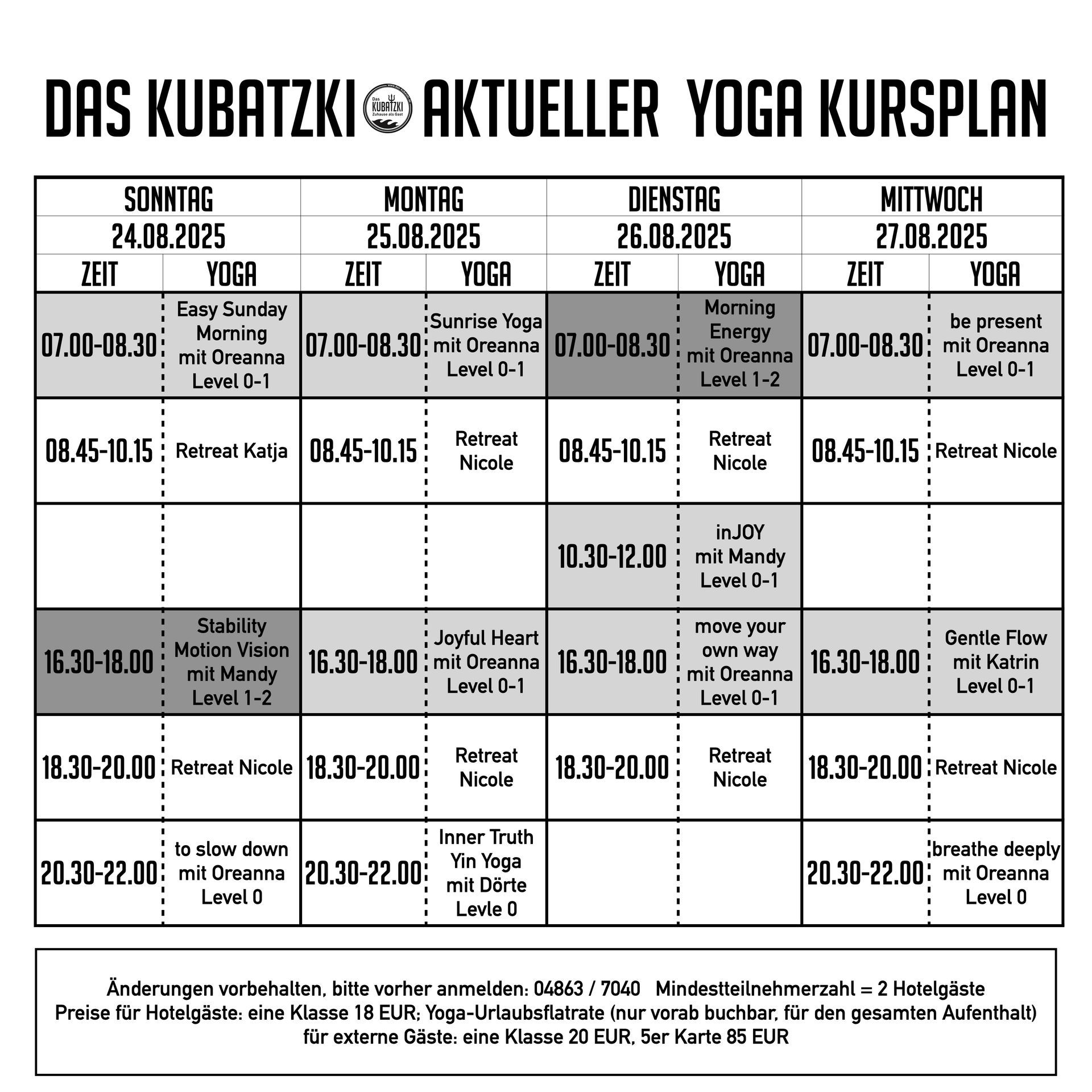 A black and white schedule for das kubatzki aktueller yoga kursplan