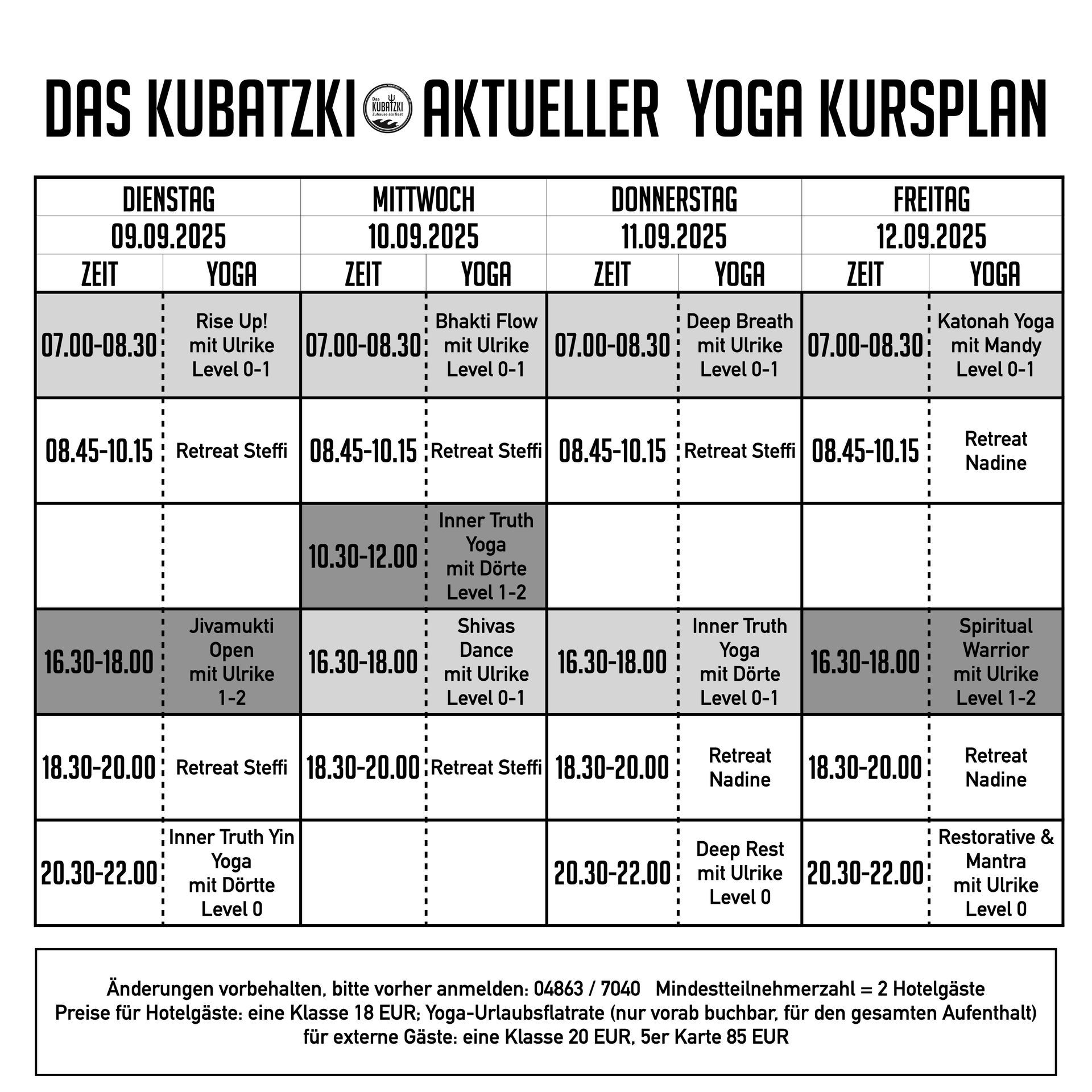 A black and white schedule for das kubatzki aktueller yoga kursplan
