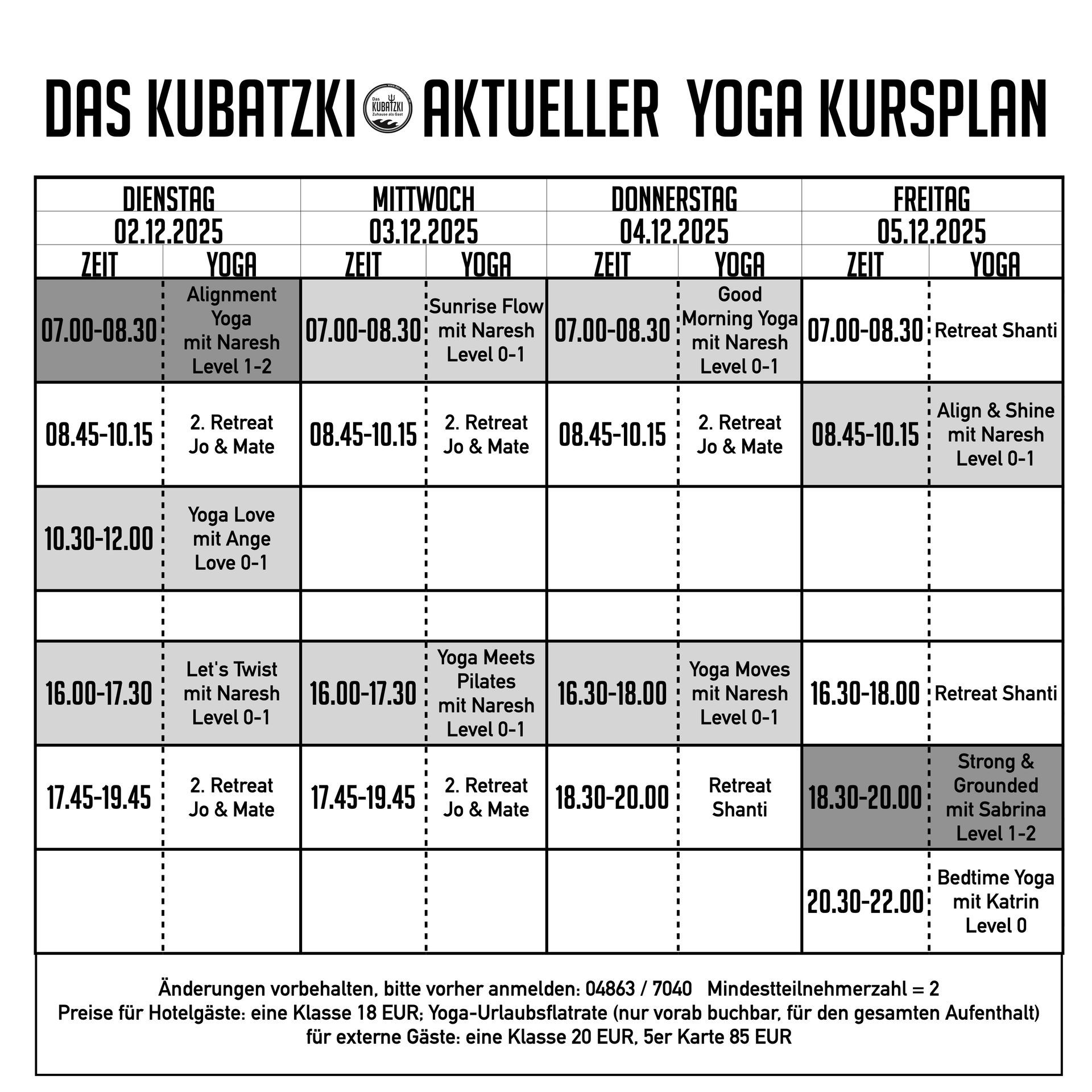 Yoga-Kursplan: Zeiten, Tage und Kurse von Donnerstag bis Sonntag.