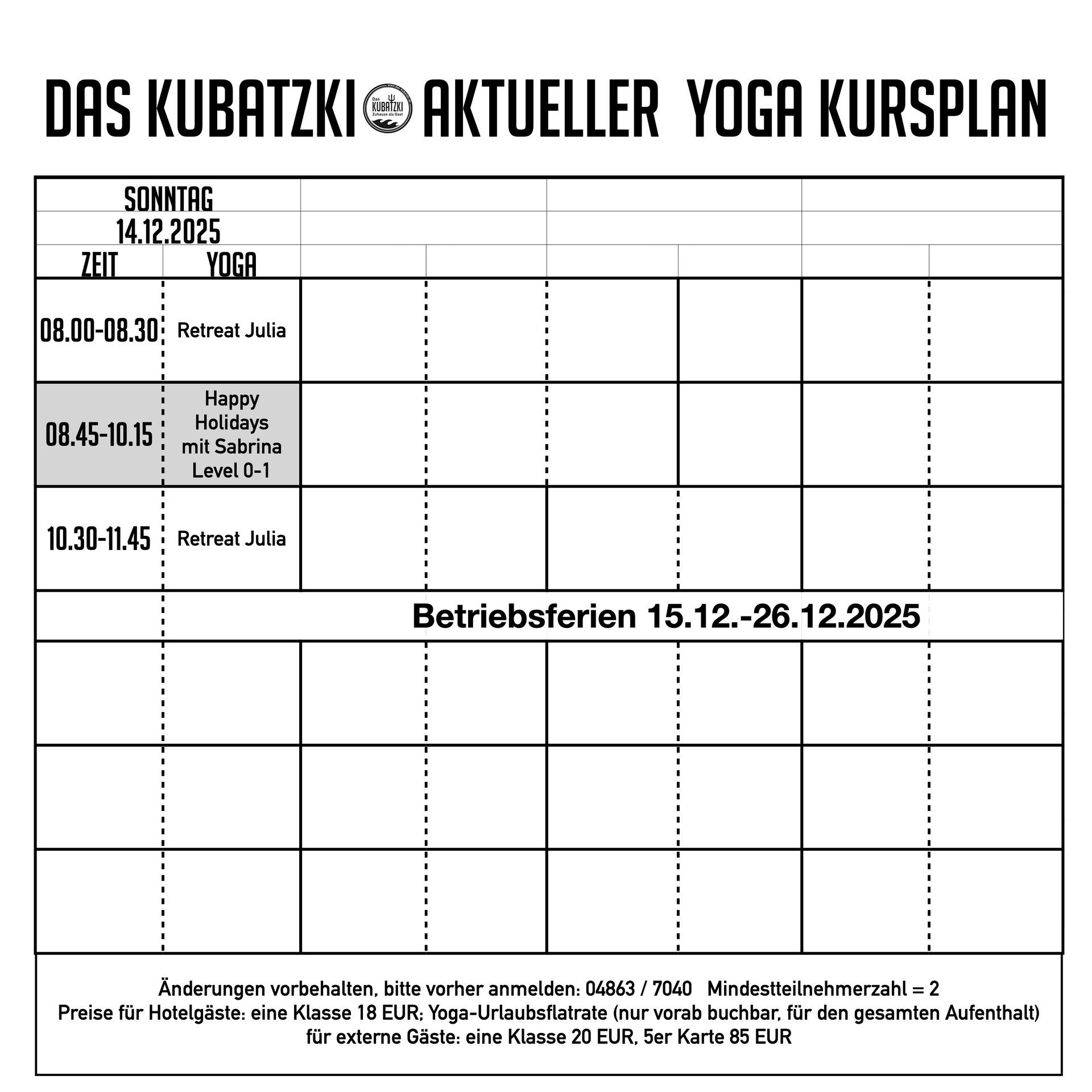 Yoga-Kursplan: Zeiten, Tage und Kurse von Donnerstag bis Sonntag.