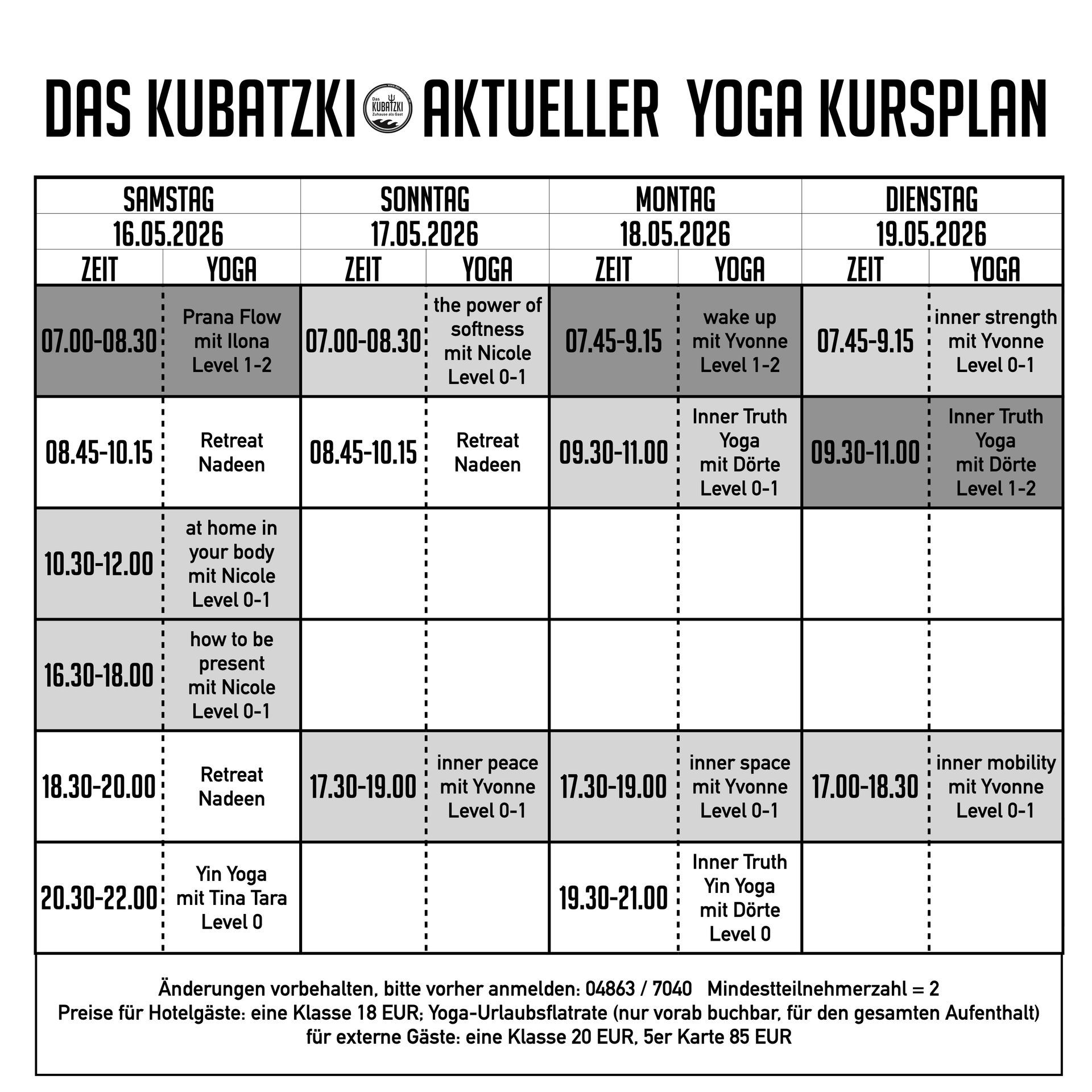 Yoga-Kursplan mit Angabe von Zeiten, Tagen und Kursleitern.