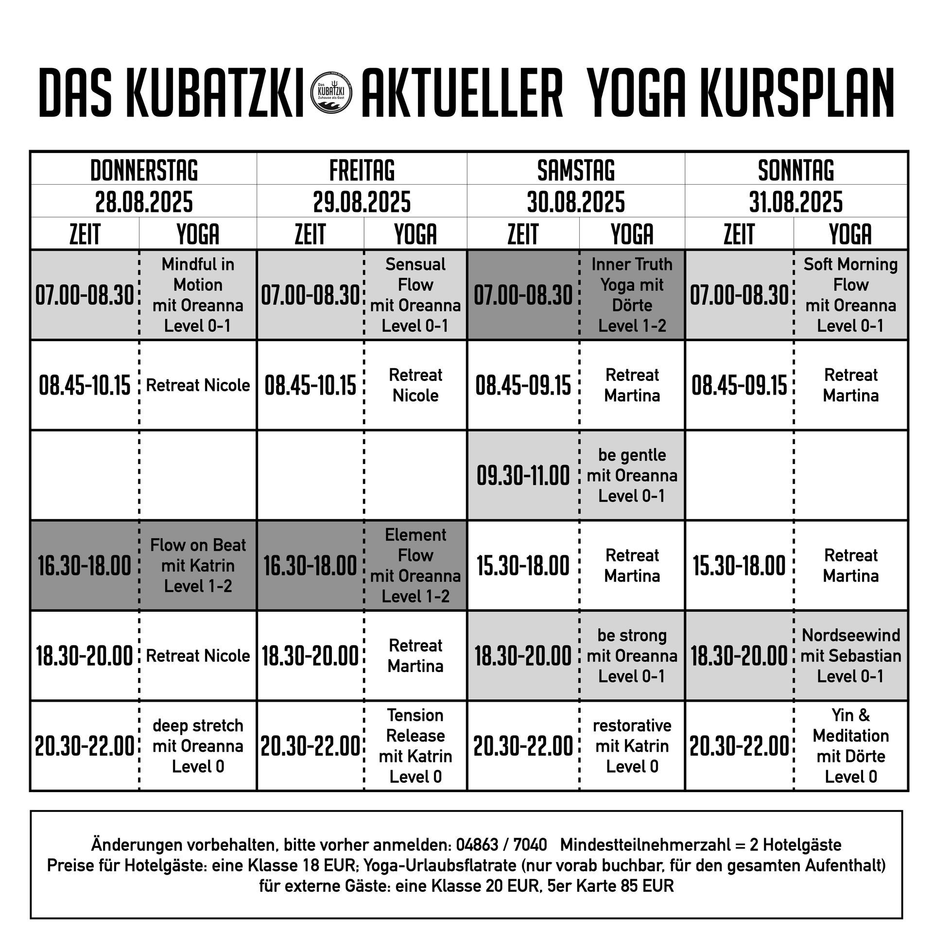 A black and white schedule for das kubatzki aktueller yoga kursplan
