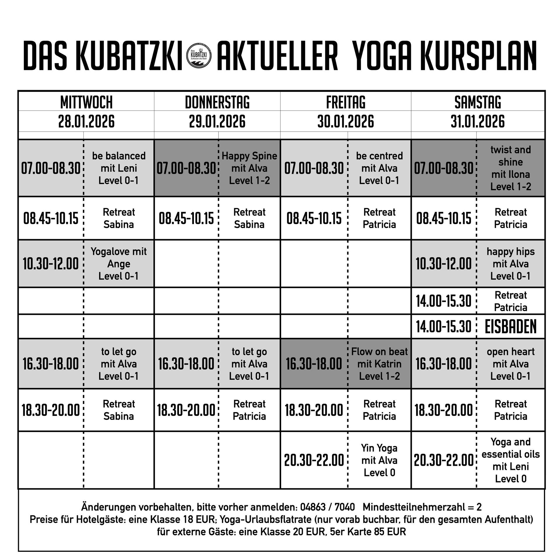 Yoga-Kursplan: Zeiten, Tage und Kurse von Donnerstag bis Sonntag.