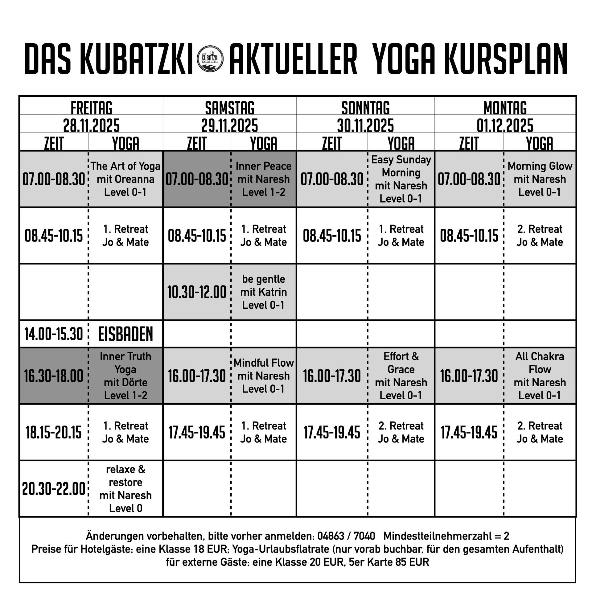 Yoga-Kursplan: Zeiten, Tage und Kurse von Donnerstag bis Sonntag.