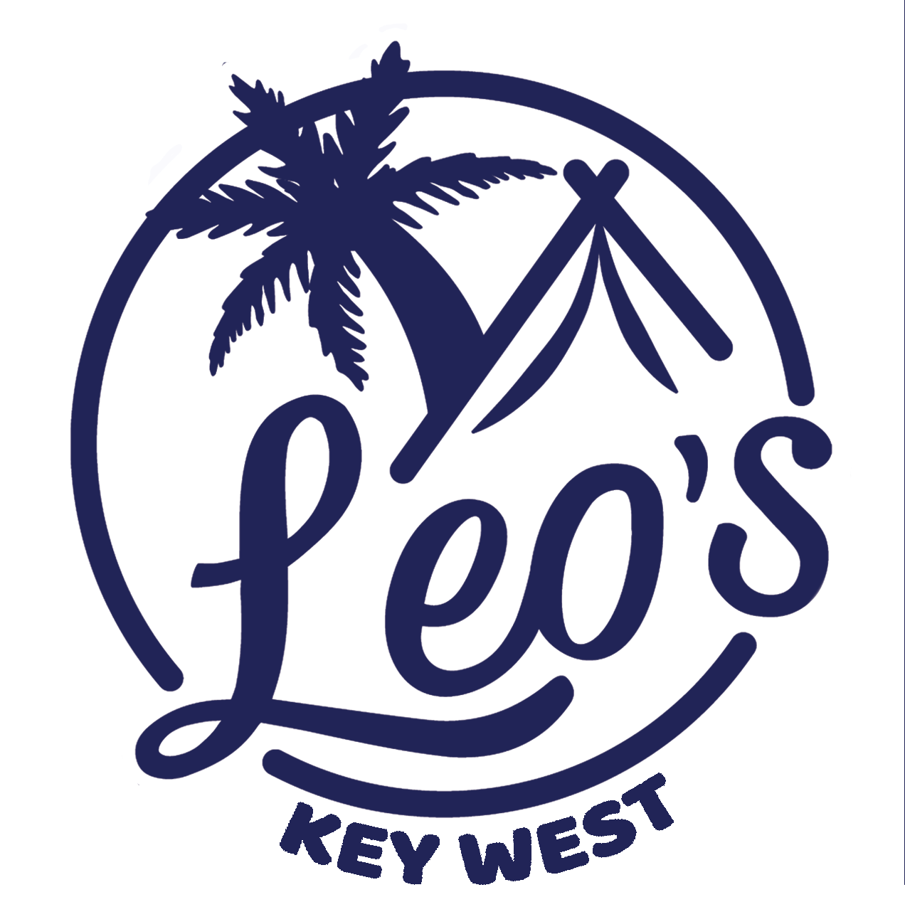 Leo&rsquo;s Key West logo with palm tree and tent in navy blue