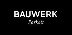 BAUWERK Parkett Logo in weisser Schrift auf schwarzem Hintergrund