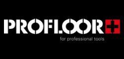 PROFLOOR-Logo in Weiss und Rot mit dem Slogan „Für professionelle Werkzeuge“ auf schwarzem Hintergrund