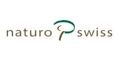 Naturo Swiss Logo mit braunem Text und einem grünen, blattähnlichen Symbol auf weissem Hintergrund