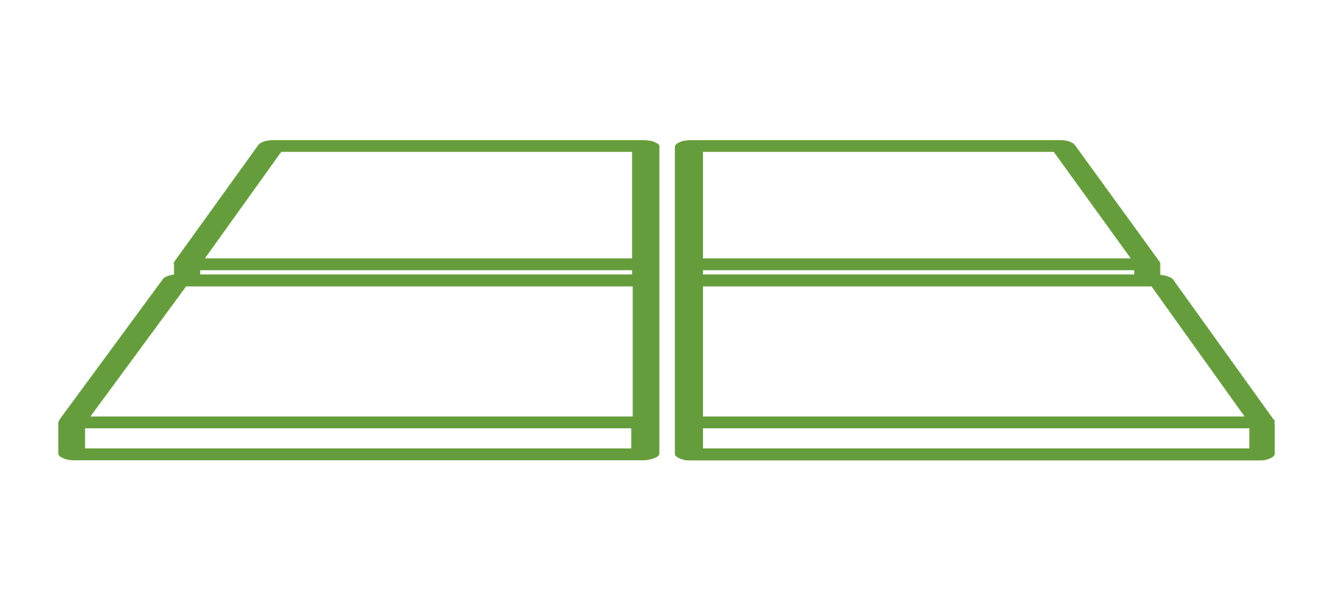 Grüne Umrandung: Schema von vier trapezförmigen Paneelen, die symmetrisch in zwei Reihen angeordnet sind.
