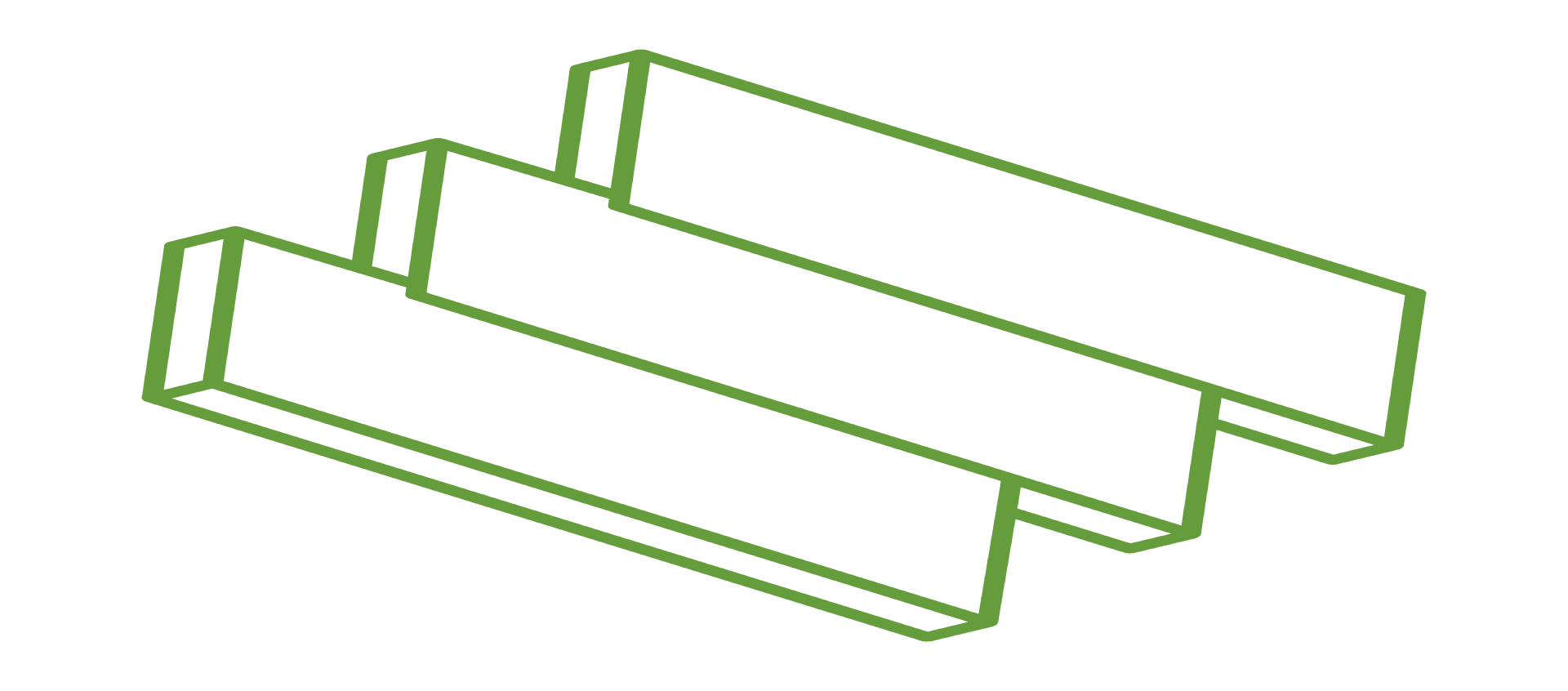 Drei grün umrandete, weisse 3D-Rechteckbalken, diagonal übereinander gestapelt.