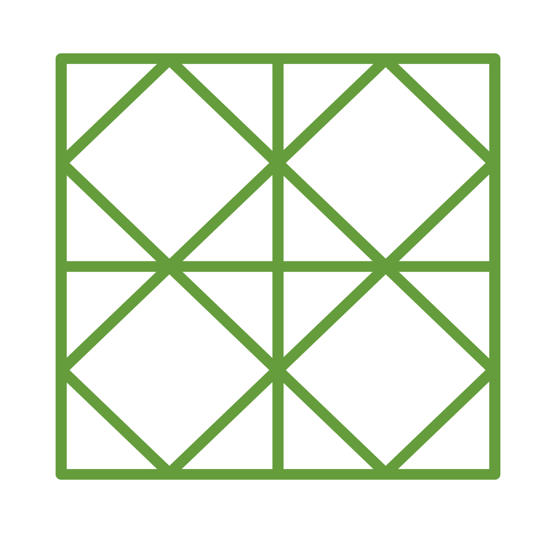 Grünes geometrisches Muster aus vier Rautenformen innerhalb eines quadratischen Gitters.