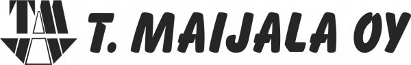 Mustavalkoinen ”T. MAIJALA OY” -logo, jonka vasemmalla puolella on tyylitelty kolmionmuotoinen tunnus