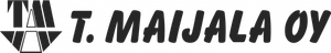 Mustavalkoinen ”T. MAIJALA OY” -logo, jonka vasemmalla puolella on tyylitelty kolmionmuotoinen tunnus