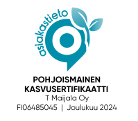 Osuuskauppa logo with turquoise circular icon and text: Pohjoismainen Kasvustifikaatti, M Taalaja Oy, FI06485045, Joulukuu 2024