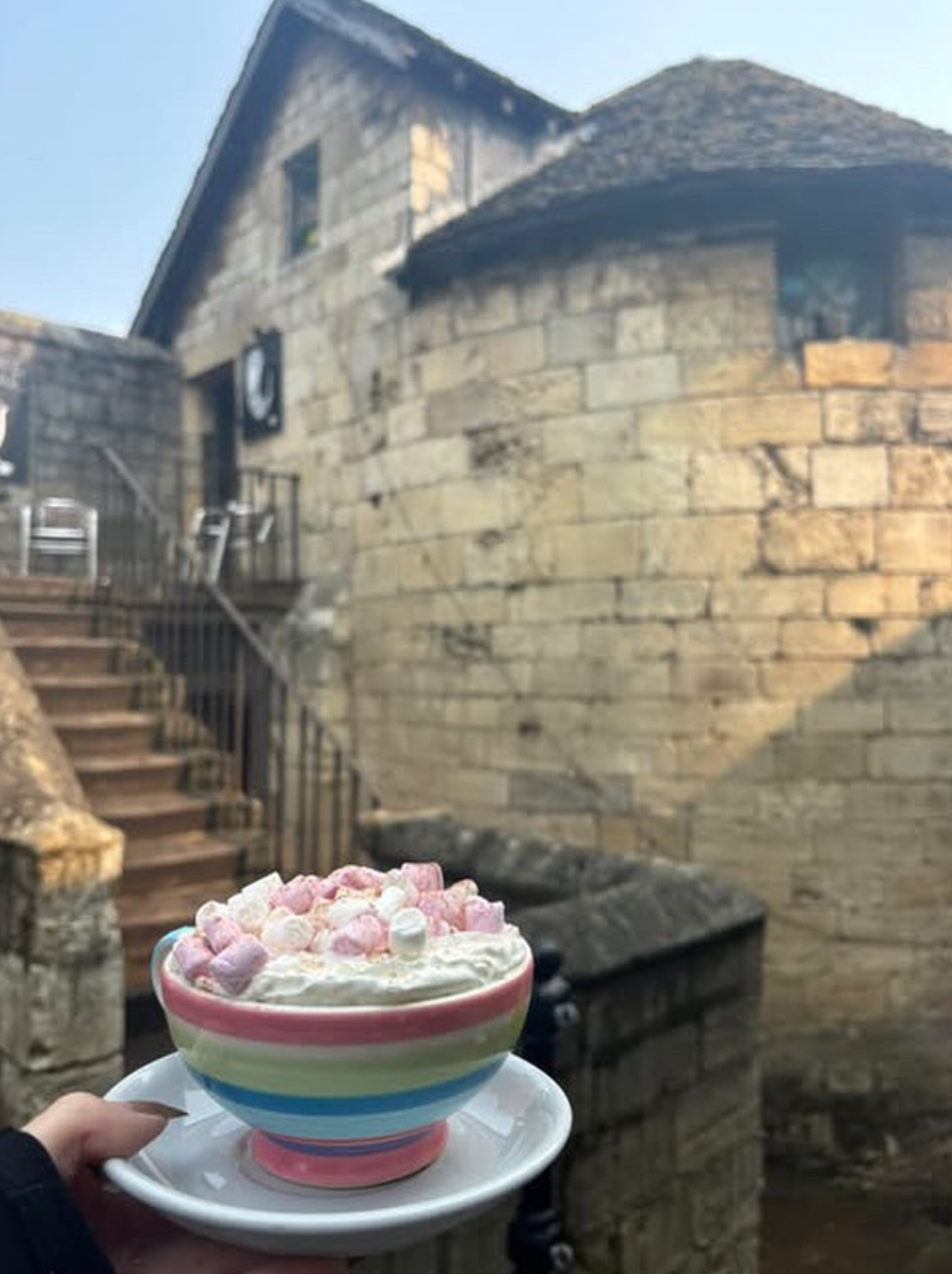 Person holding colorful bowl of hot chocolate with marshmallows in front of a stone building.