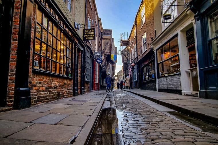A narrow cobblestone street with a puddle in the middle of it.