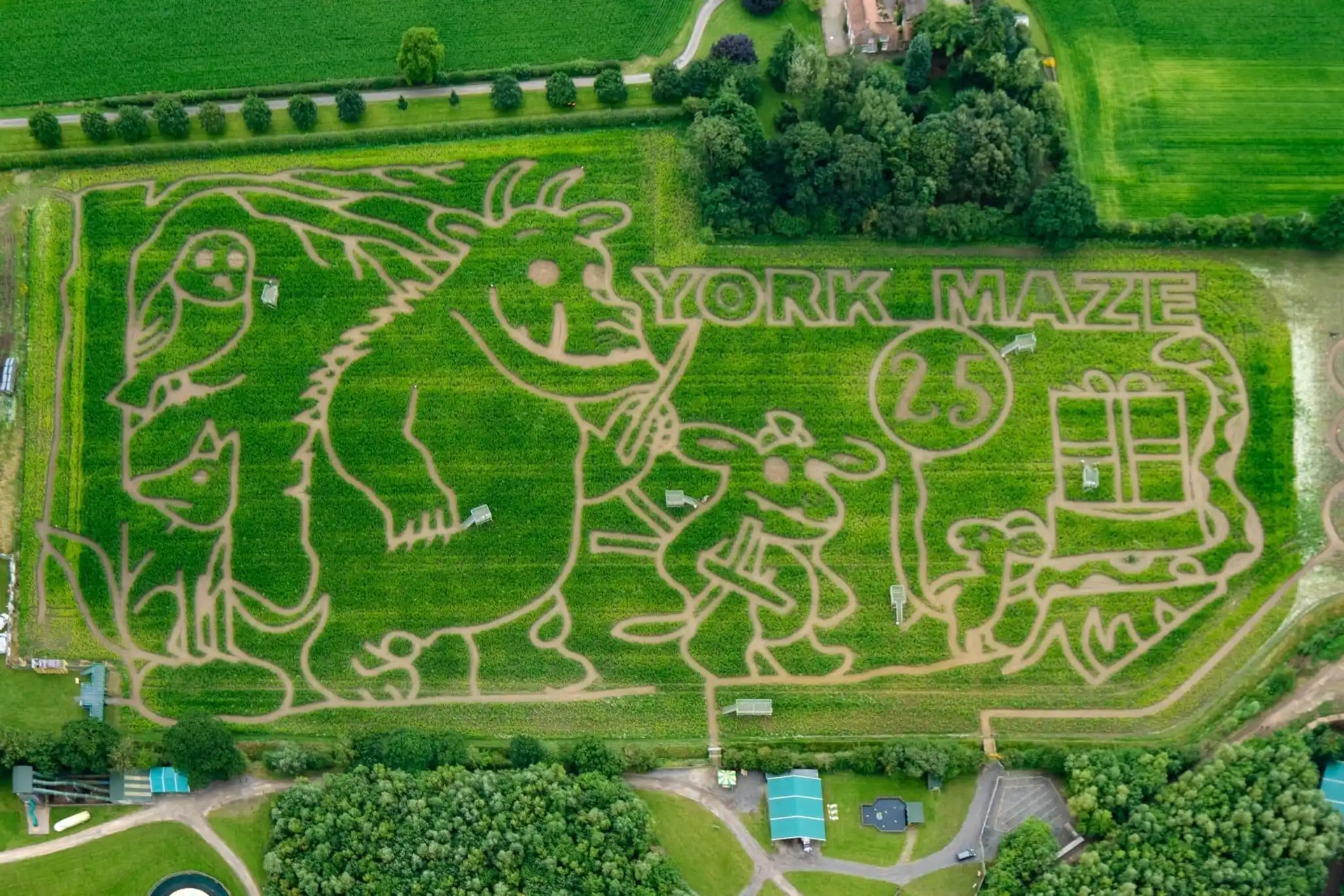 An aerial view of a maze with a drawing of the Gruffalo on it.