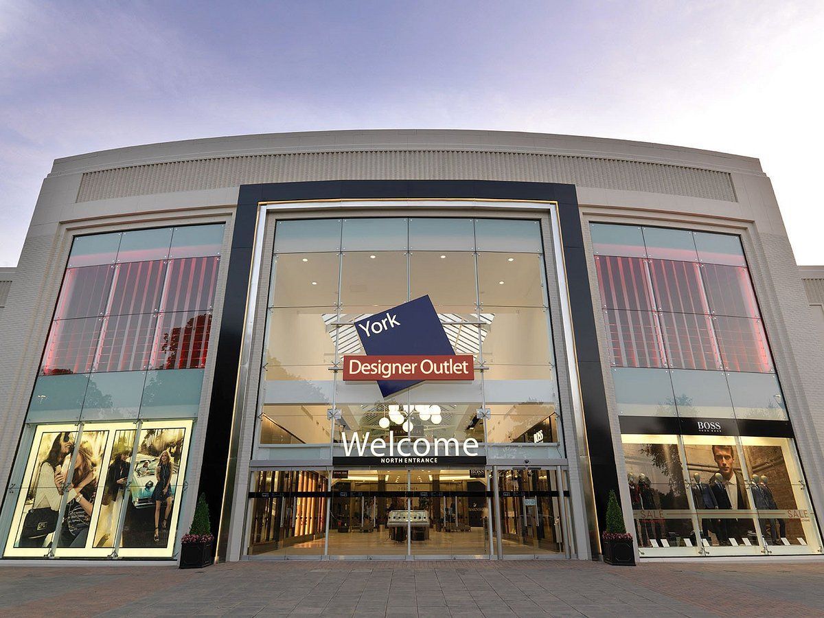 York Designer Outlet mall entrance, glass doors, 