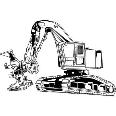 Un dibujo en blanco y negro de una excavadora sobre un fondo blanco.