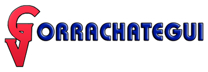 Logotipo estilizado en rojo y azul de &ldquo;GORRACHATEGUI&rdquo; con un gran emblema rojo en forma de G.