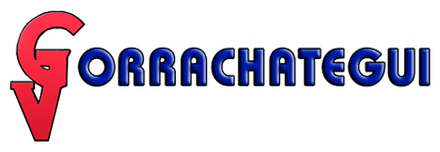 Logotipo estilizado en rojo y azul de &ldquo;GORRACHATEGUI&rdquo; con un gran emblema rojo en forma de G.