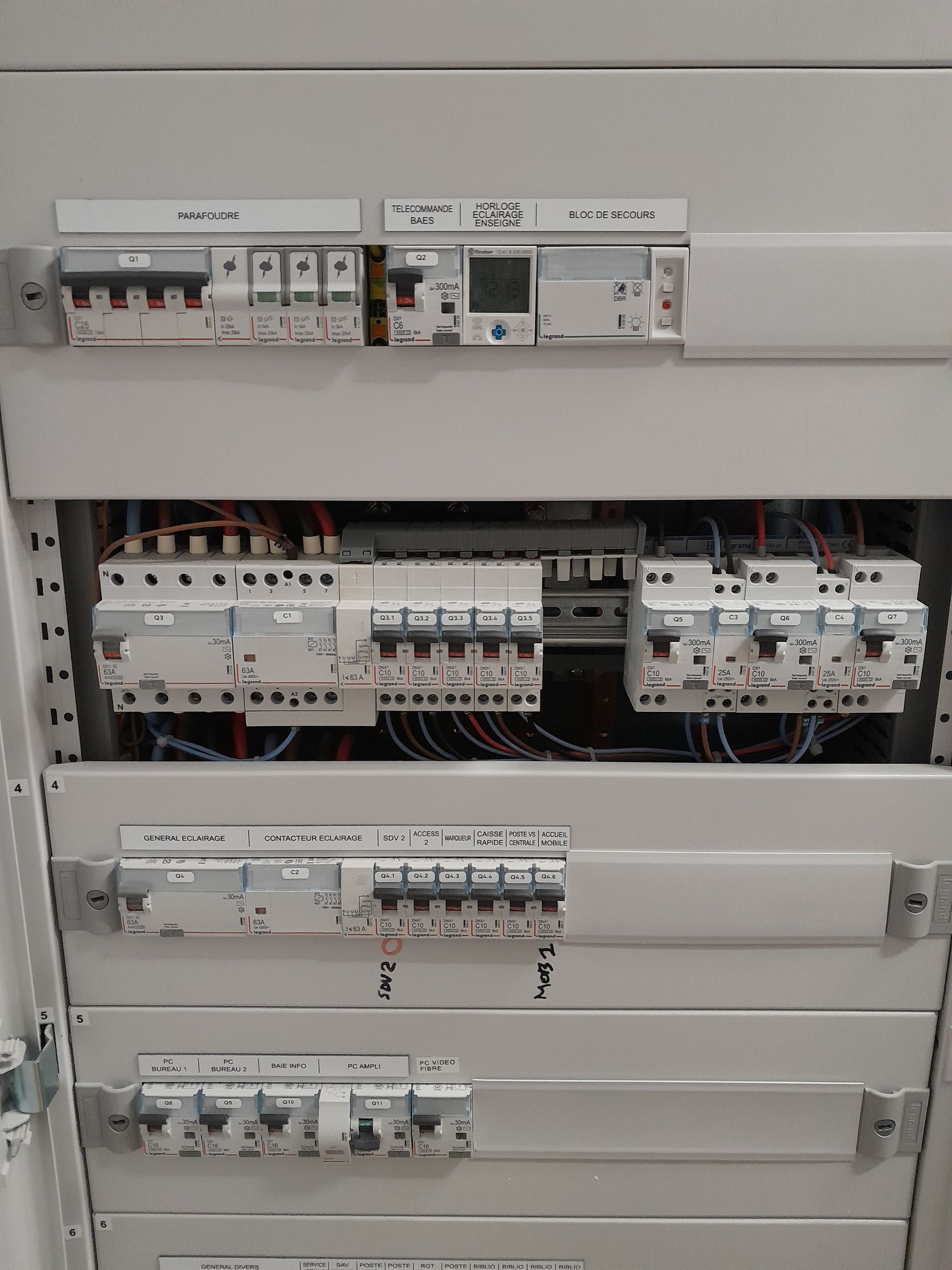 Tableau électrique avec plusieurs rangées d'interrupteurs et de modules de circuit.