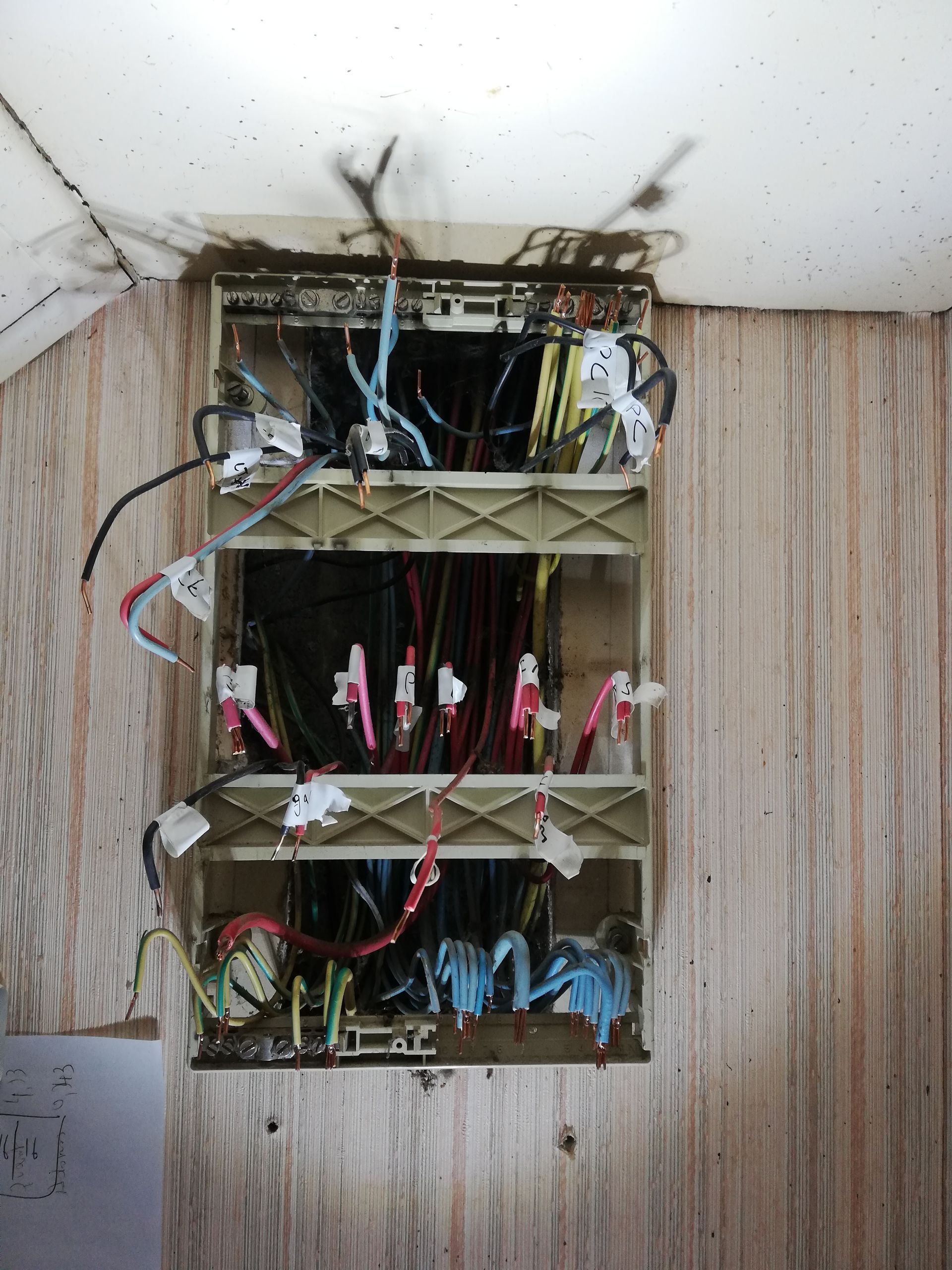 Câblage électrique et panneaux de disjoncteurs apparents à l'intérieur d'une pièce.