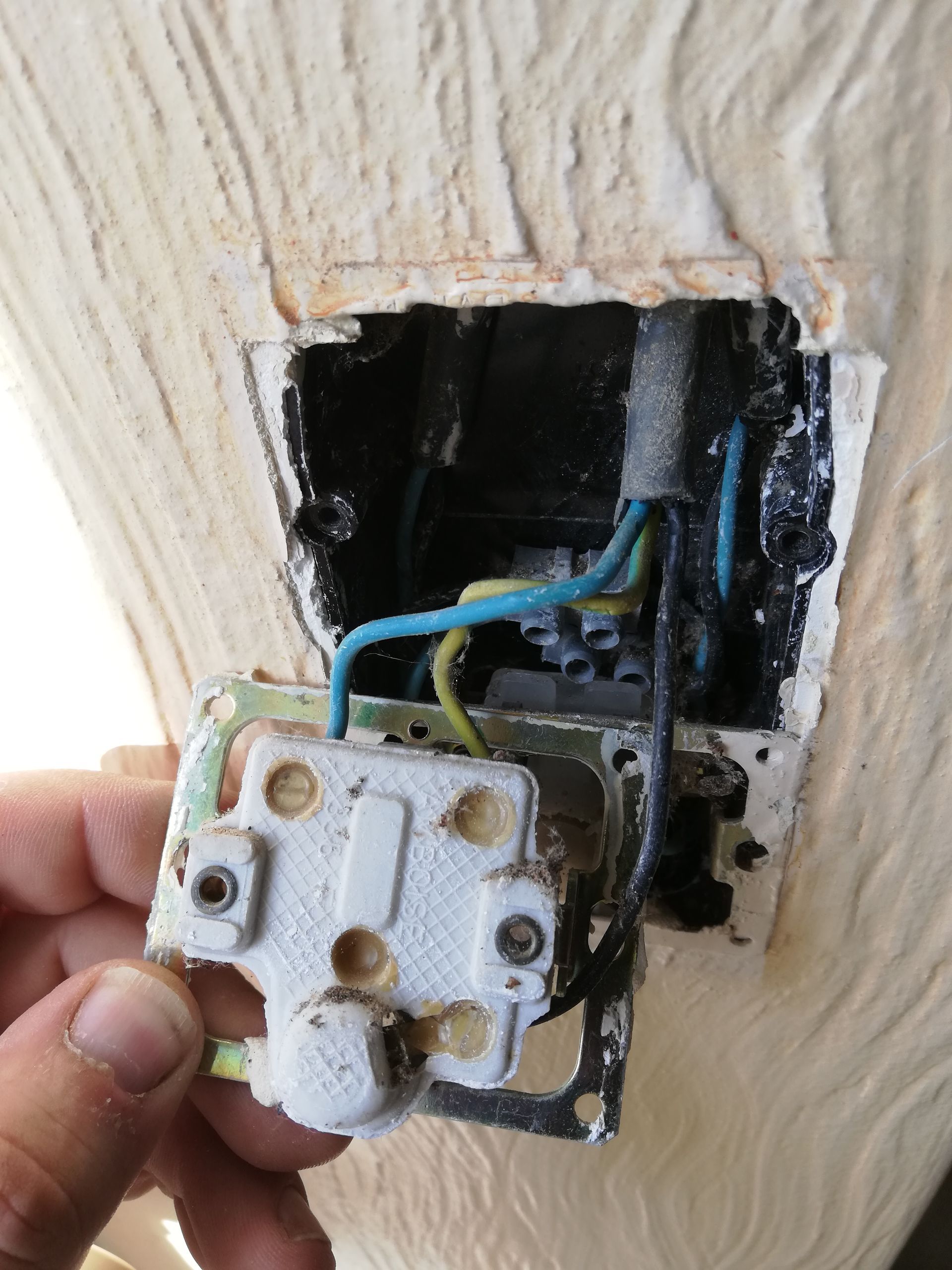 Une main tenant un interrupteur de prise électrique blanche avec des fils dénudés dans une ouverture murale.