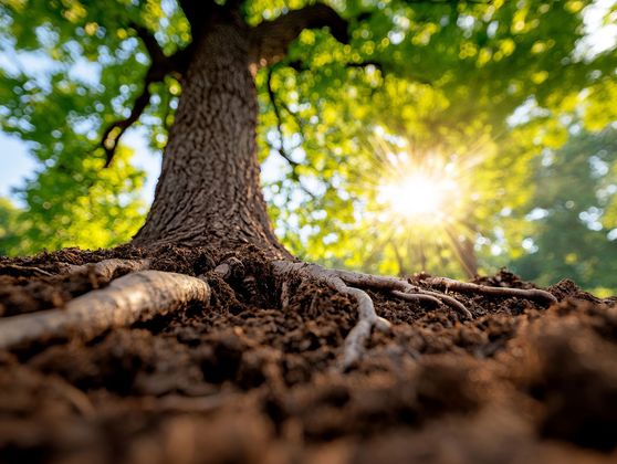 Tronc et racines d'arbre dans une forêt ensoleillée, la lumière vive du soleil filtrant à travers les feuilles vertes.