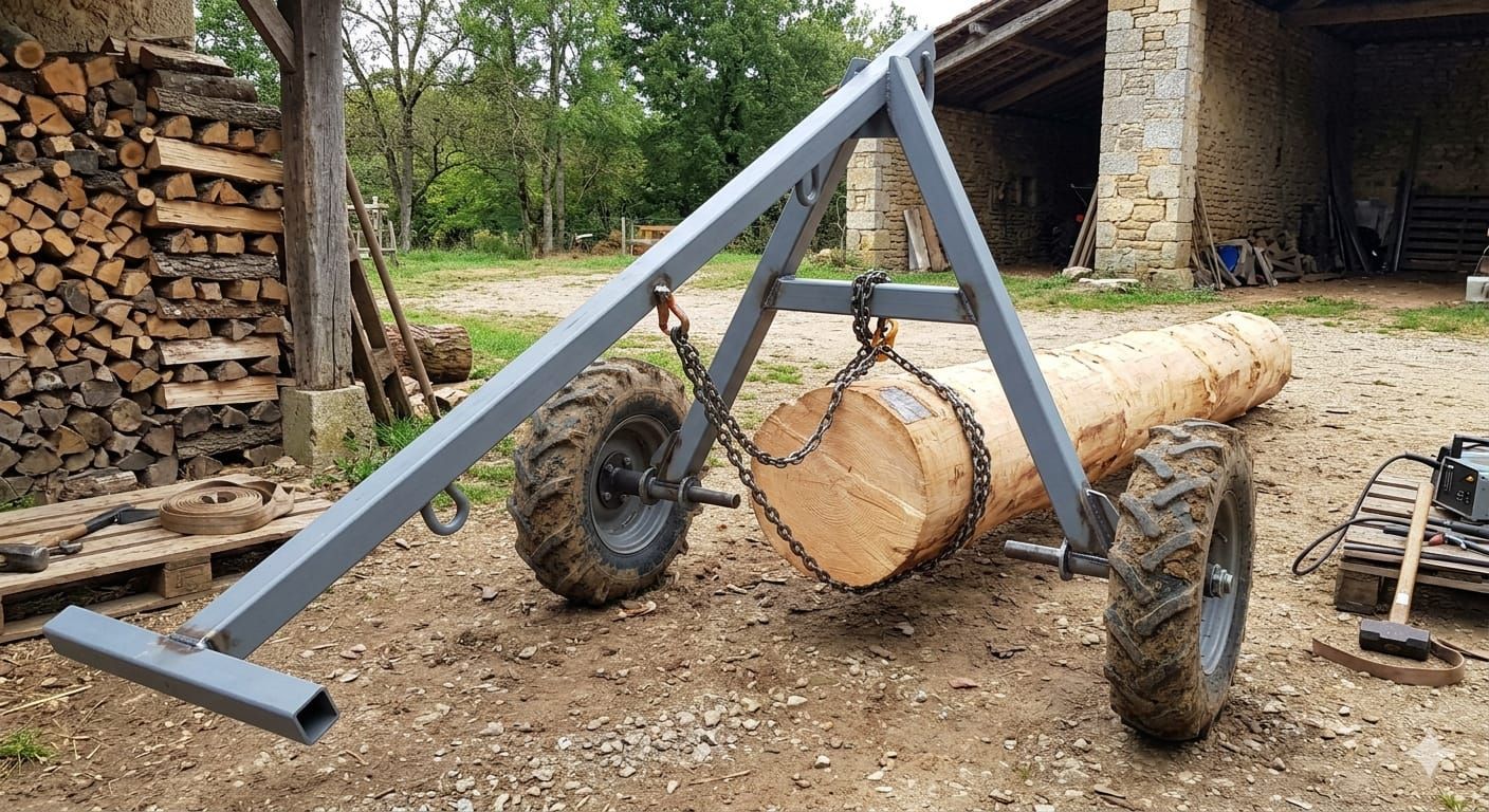 Chariot à grumes en métal gris, muni de gros pneus, transportant un tronc d'arbre coupé dans une cour en terre battue près d'un tas de bois de chauffage.