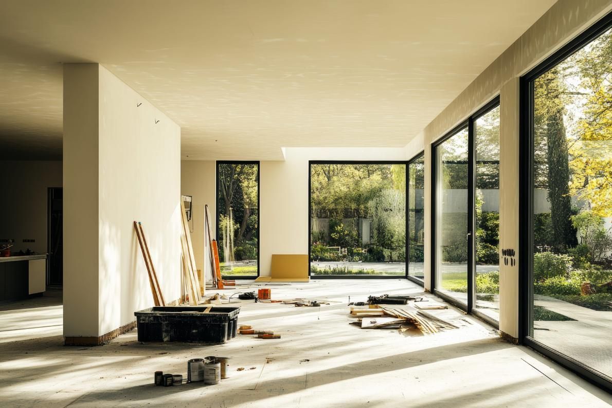 Habitación moderna y luminosa en proceso de renovación, con grandes puertas de cristal, herramientas