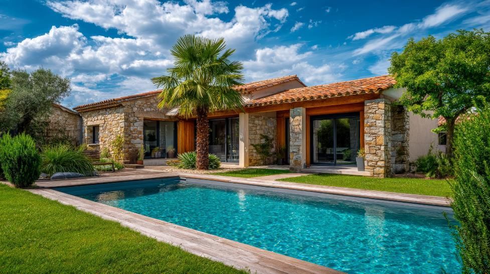 Casa moderna de piedra con techo de tejas rojas y piscina en el patio trasero bajo un cielo azul.