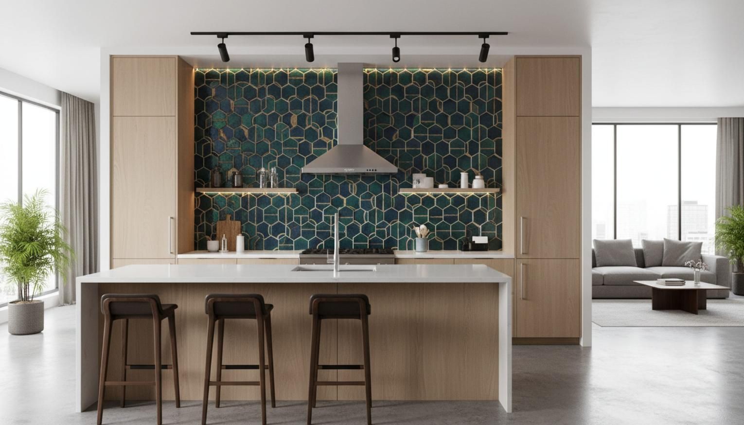 Cocina moderna con isla con taburetes, salpicadero de azulejos color turquesa y grandes ventanales 