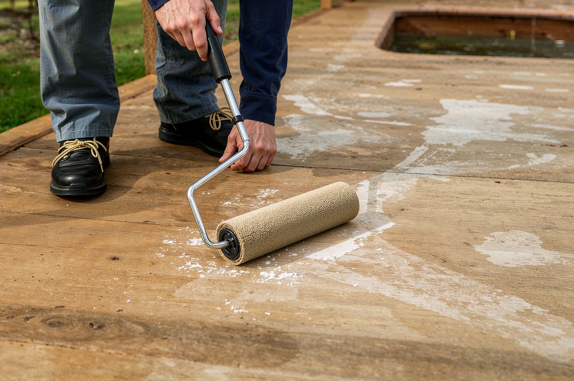 Une personne étale du mastic blanc sur une terrasse en bois avec un rouleau à peinture.