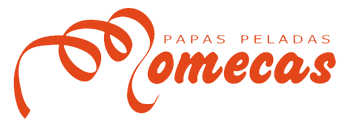 Logotipo de "Comecas" con dise&ntilde;o de cinta naranja y texto "PAPAS PELADAS".