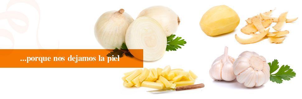 Onions, garlic, and ginger with text in Spanish,