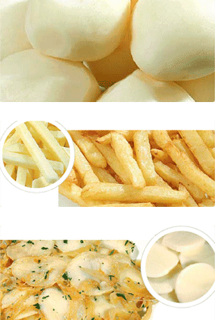 Bollos al vapor, patatas fritas y rodajas de patata fritas.