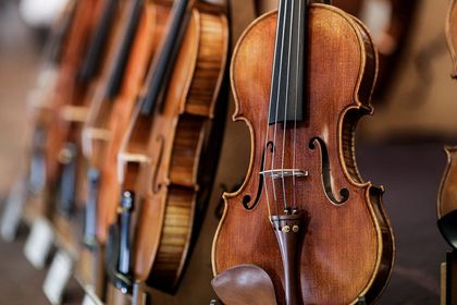 Una hilera de violines de madera en posición vertical, con un violín en primer plano.
