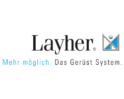 Ein Logo für eine Firma namens Layher auf weißem Hintergrund